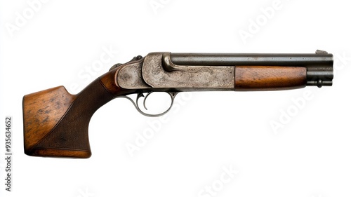 A classic double-barrel shotgun with a rustic wooden stock and detailed metalwork, perfect for vintage-themed designs.