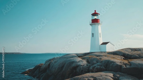 A white lighthouse standing tall on a rocky coast, guiding ships safely to shore