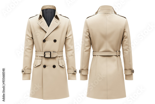 Chic beige trench coat front and back mock up with classic belt and epaulette details isolated on transparent background 