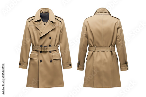 Chic beige trench coat front and back mock up with classic belt and epaulette details isolated on transparent background 