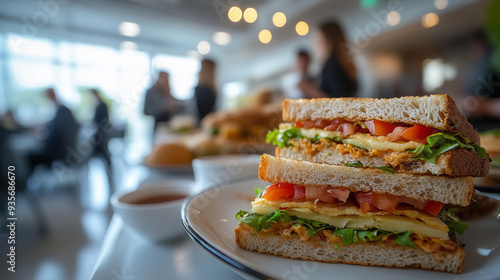 Freshly prepared sandwiches stacked on a plate in a bustling restaurant during lunchtime with customers enjoying their meals nearby