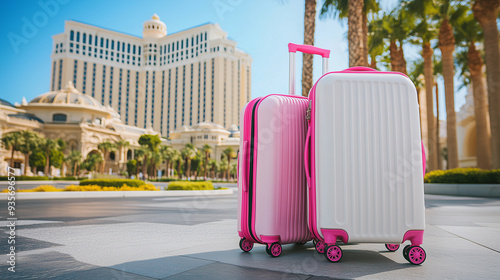 Las Vegas girls trip bachelorette getaway pink and white luggage travel bags city adventure urban vacation holiday celebration fun trendy destination resort palm trees luxury banner ad campaign 