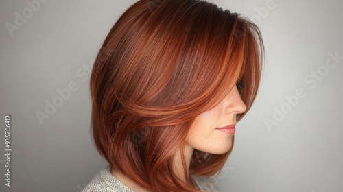 A woman displays her shoulder-length, auburn hair, arranged in soft waves. The background is neutral, emphasizing the rich hair color.