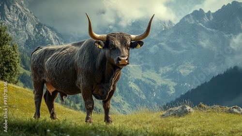 Sturdy bull standing in a green pasture, with detailed horns and muscles visible, set against a slightly blurred mountain backdrop.