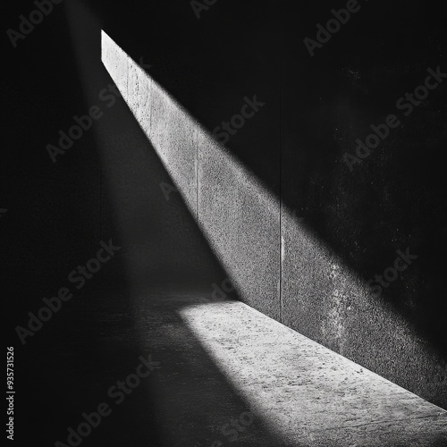 A striking beam of sunlight enters a dark room from an upper corner, dramatically highlighting angular surfaces and generating a strong interplay of light and darkness.