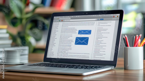 Modern laptop displaying email inbox on desk with coffee and stationery