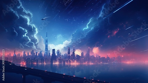 A futuristic cityscape at night, where smoke from neon-lit factories creates a mesmerizing light show in the sky