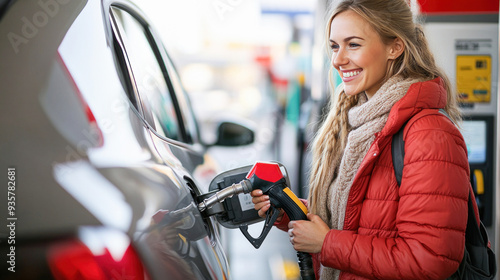 Young woman is filling her car at the gas station