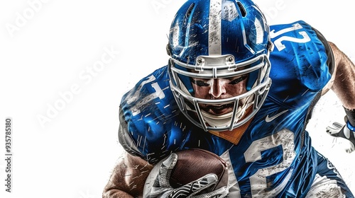 A football player wearing a blue helmet and jersey is running with a football