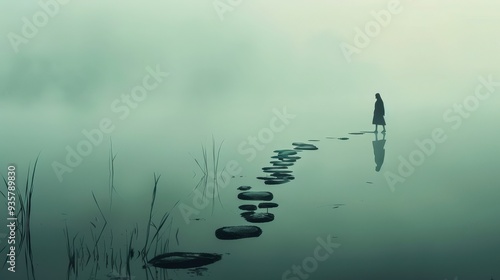 A solitary figure walks across stepping stones in a misty lake, the path ahead obscured by fog.