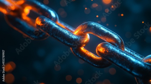 Close-up macro shot of a glowing heated metal chain link, symbolizing strength, connection, and metallurgy against a dark background.