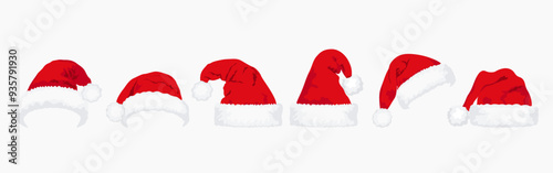 Set of red Christmas Santa Claus hats isolated on white background. Hand drawn simple Santa hats. 