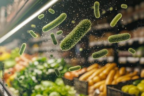 Green bacteria floating in a grocery store's produce section, emphasizing the unseen hygiene risks and the importance of cleanliness in food retail environments.