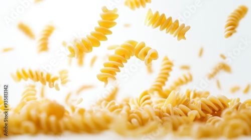 A close-up shot of uncooked fusilli pasta falling into a pile of other pasta.