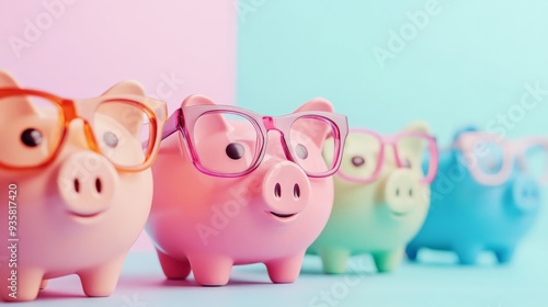 Colorful piggy banks with glasses in a row against a pastel background. Financial savings, investment, and education concept.