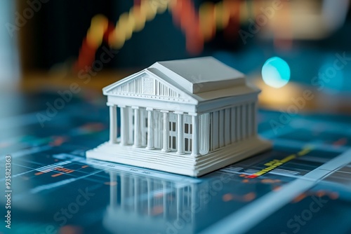 A minimalist white model of a classic bank sits foregrounded on a reflective stock market chart, providing an uncluttered representation of financial institutions and their modern data tools.