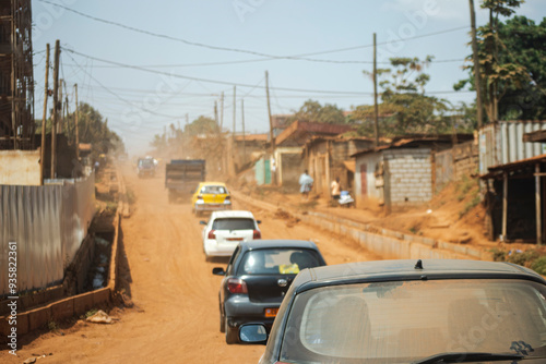 a dirt road with a yellow sign that says taxi on it. Yaounde city