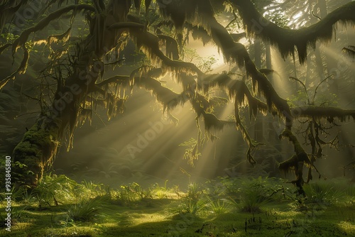 Hoh Rain Forest: Enchanting Fairytale Setting with Dense Brown Haze and Sunlight Rays