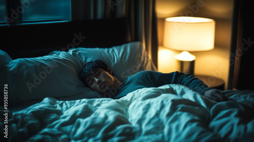 A young Asian man, tossing and turning restlessly in bed, struggles to sleep under white sheets and blankets. Dim table lamps illuminate his room.