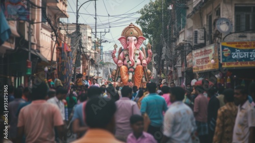 A vibrant street scene alive with festival energy, featuring a large statue of Lord Ganesha surrounded by a lively crowd celebrating with enthusiasm.