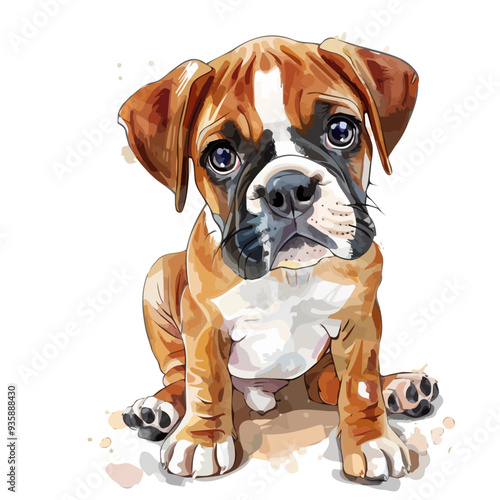 Watercolor vector of a cartoon boxer dog, isolated on a white background, boxer dog animation