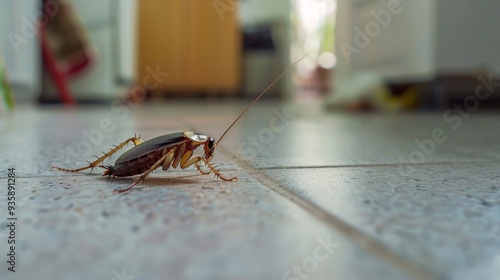 A close observation of a cockroach on a kitchen floor, revealing its intricate body details and the common sight of pests in domestic spaces.