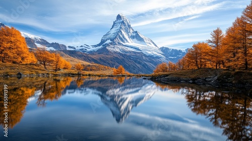 Autumn colors and crisp waters reflect the majestic Matterhorn's peak, capturing the breathtaking beauty of nature.