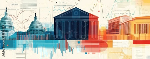 Digital illustration of government buildings with financial charts and graphs, representing politics and economics in a modern, abstract style.