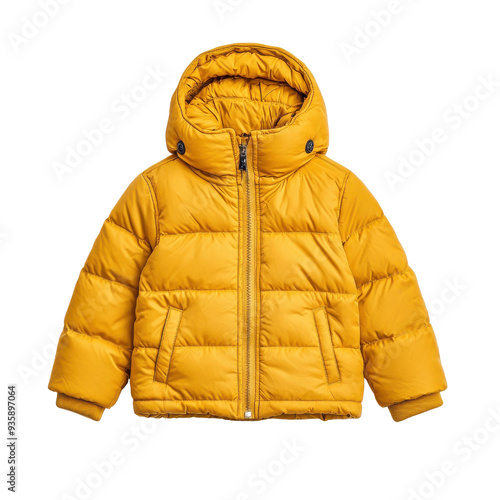 yellow puffer jacket featuring a hood isolated on a white background.