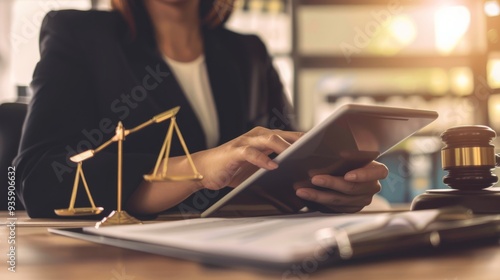 A person in a formal suit uses a tablet at a desk adorned with a scale, gavel, and documents, indicating a legal or judicial environment.