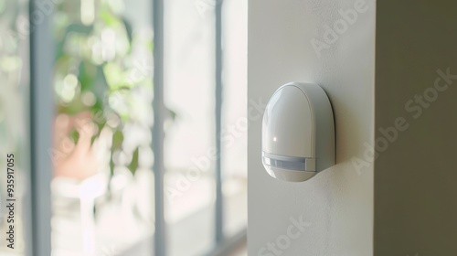 A sleek white motion sensor mounted on a wall in a bright room filled with natural light, symbolizing modern home security and smart living.