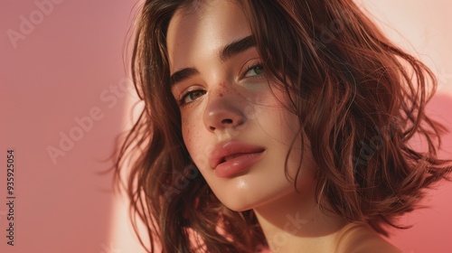 A young woman with wavy hair gazes into the camera, her skin glowing warmly in the soft pink light.