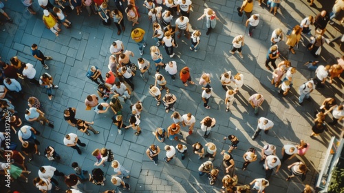 An overhead view of a lively crowd gathered in a bustling city square under bright sunlight, people engaging in various activities and enjoying their time.