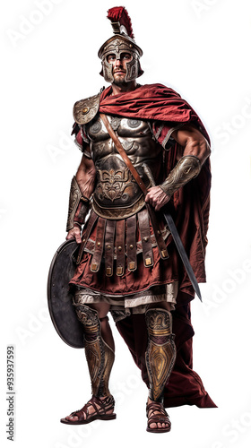 Muscular roman centurion in ornate armor, wielding sword and shield, crimson cape draped over shoulders, decorated helmet with red crest and intricate metalwork on breastplate and greaves