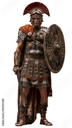 Roman centurion with elaborate helmet, shield, and sword. Heavily armored warrior in battle stance. Intricate metalwork on chest plate and shield. Red plume atop helmet. Cutout character