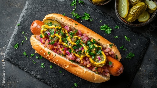 Delicious gourmet hot dog with pickles relish and mustard on black background