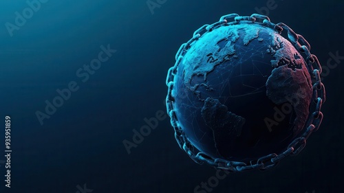 Futuristic globe shrouded in chains, digital debt overlay, global economic crisis, neon blue glow