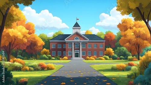 Back to school scene with school building and campus elements in animated vector style for Teacher Day.