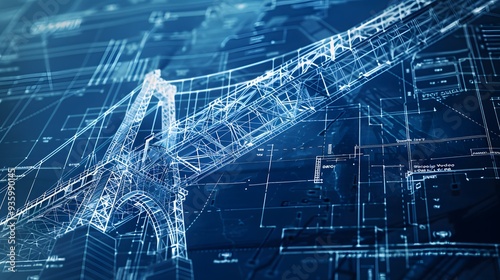  A bridge blueprint with intricate details, showing the structural components and material specifications in 3D overlays.