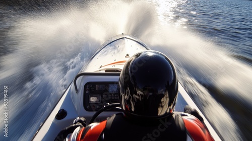 Speedboat pilot racing across a choppy lake with dynamic action and excitement as water splashes rise dramatically around the vessel on a sunny day.