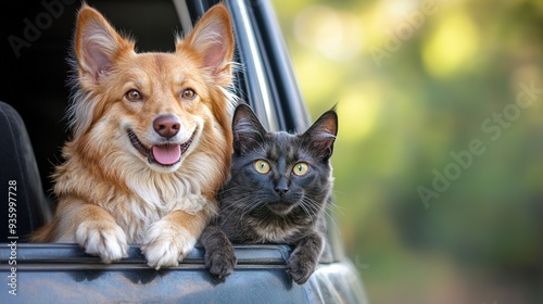 Happy dog and cat peeping out from the car, Summer vacation traveling concept. copy space for text.