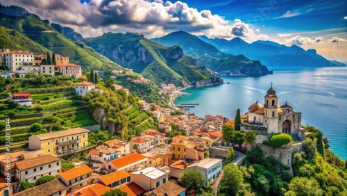 Beautiful town of Ravello overlooking the stunning Amalfi Coast , Ravello, Amalfi Coast, Italy, Mediterranean, Coastline