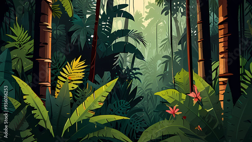 Illustration of a flat vector background focusing on a dense jungle scene