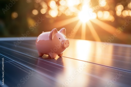 Saving money with solar energy. A piggy bank money box on a solar panel