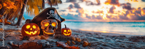 Captains skull with hat. skull with a pirate hat for Halloween on beautiful beach. Halloween Concept. with copy space for text.