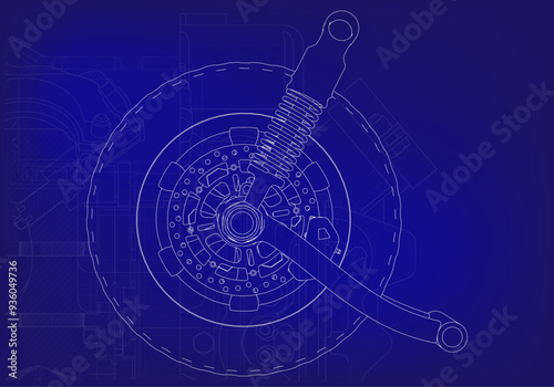 Wheel and shock absorbers on a blue background.