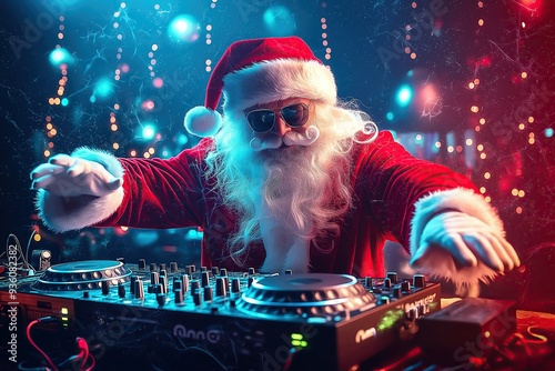 Santa Claus DJ playing music on a turntable at a lively party. The concept blends the joy of holiday celebrations with modern music culture. Generative AI.