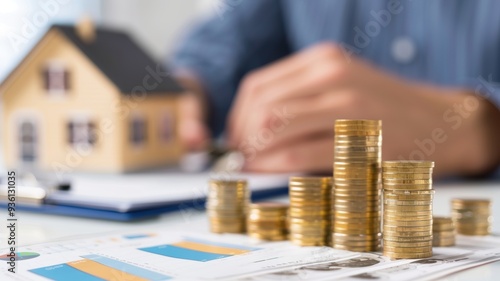 A person analyzing financial data with coins and a model house, representing investment and real estate management.