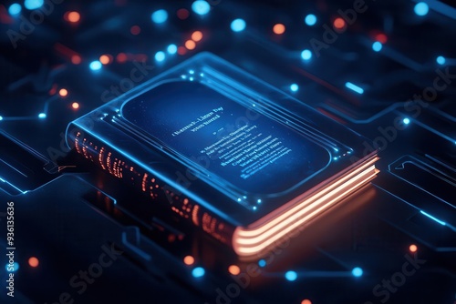 A glowing book on a futuristic circuit board background.