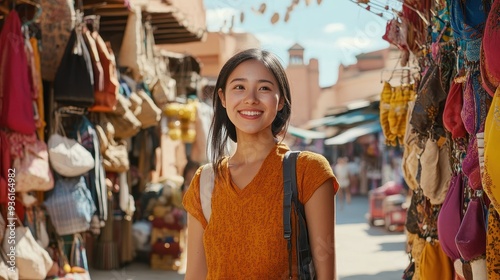 An Asian traveler enjoys the vibrant atmosphere while exploring a lively marketplace filled with colorful stalls and diverse goods